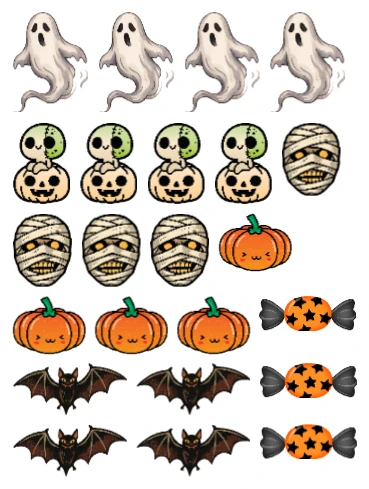 Halloween sticker set with ghosts, skulls on jack-o'-lanterns, mummies, pumpkins, bats and wrapped candy